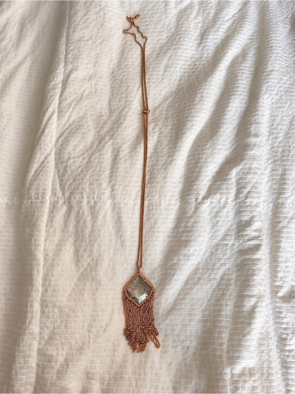 Kendra Scott Rose Gold Fringe Pendant Necklace with Iridescent Stone